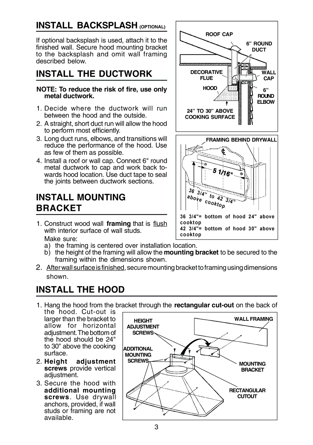 Rangemaster RM50000 Series Install Backsplash Optional, Install the Ductwork, Install Mounting Bracket, Install the Hood 