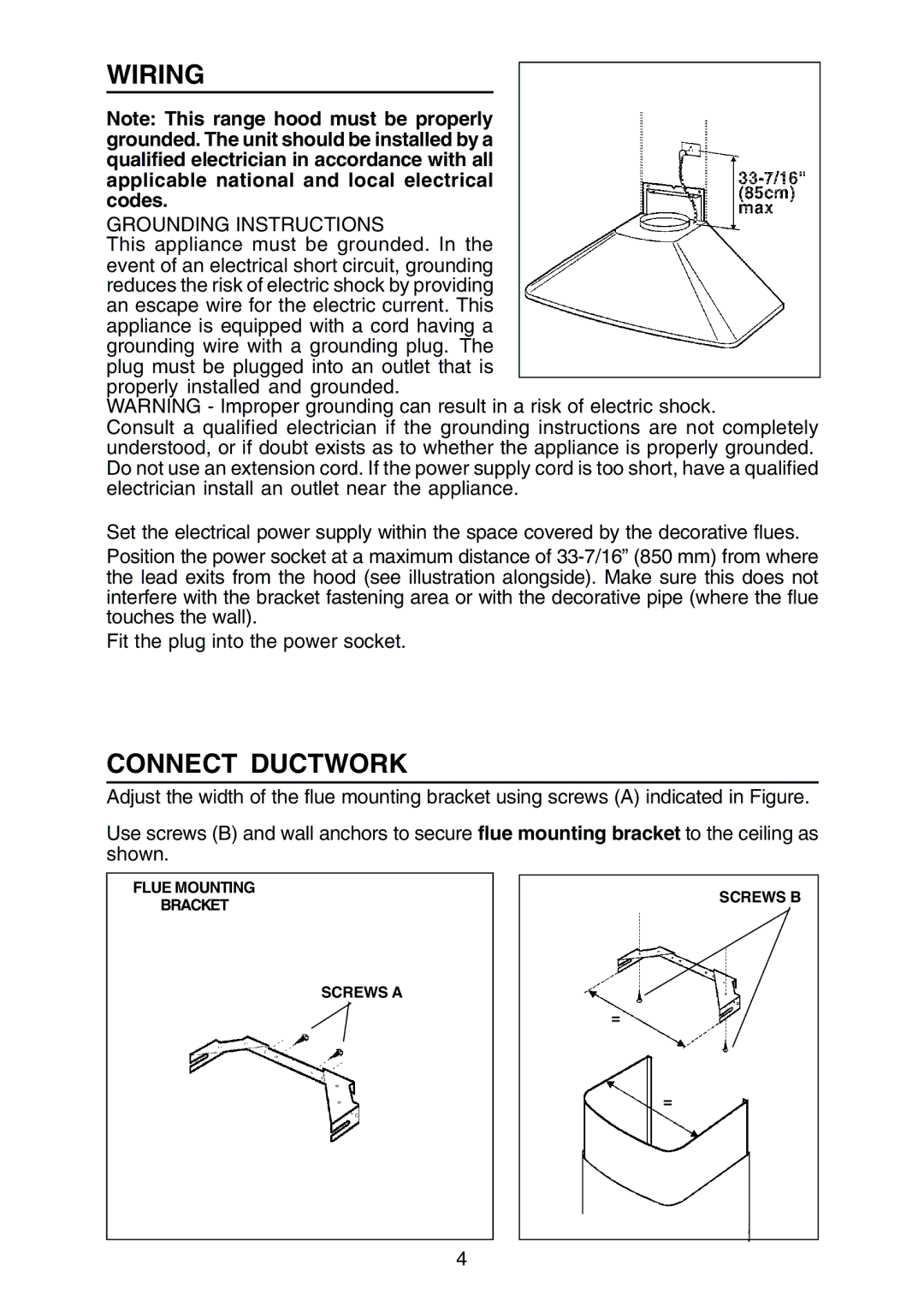 Rangemaster RM50000 Series manual Wiring, Connect Ductwork, Grounding Instructions 