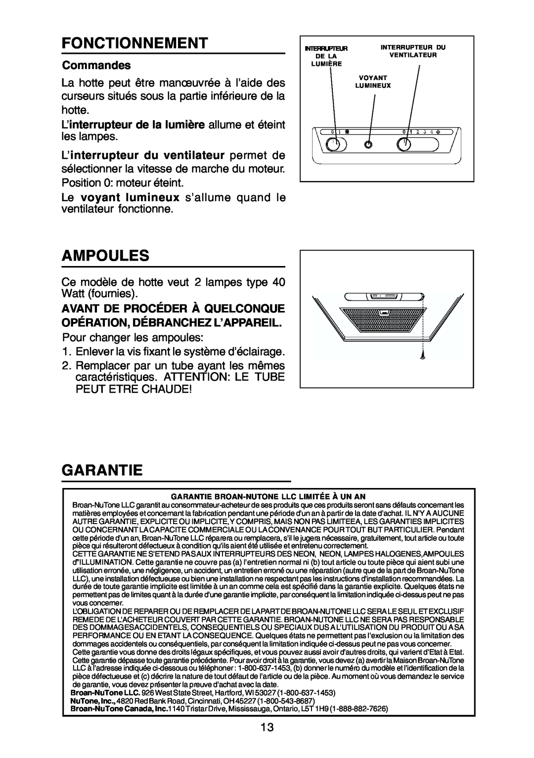 Rangemaster RM50000 Series manual Fonctionnement, Ampoules, Garantie, Commandes 