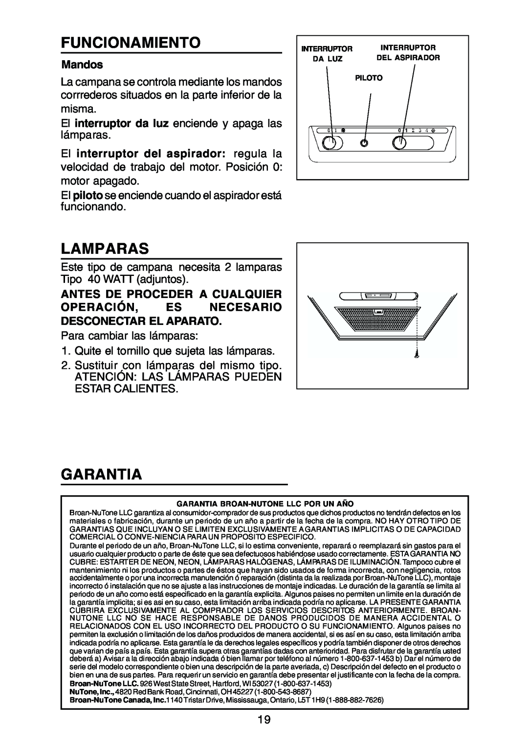 Rangemaster RM50000 Series manual Funcionamiento, Lamparas, Garantia, Mandos, El interruptor del aspirador regula la 