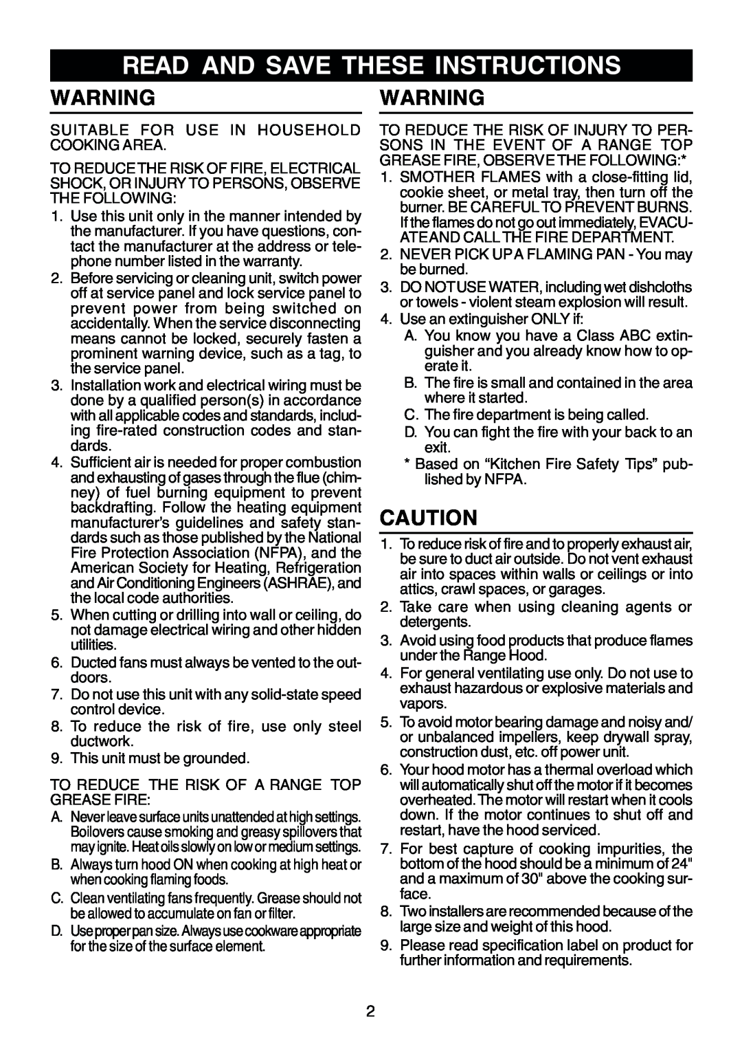 Rangemaster RM50000 Series manual Read And Save These Instructions, Warningwarning 