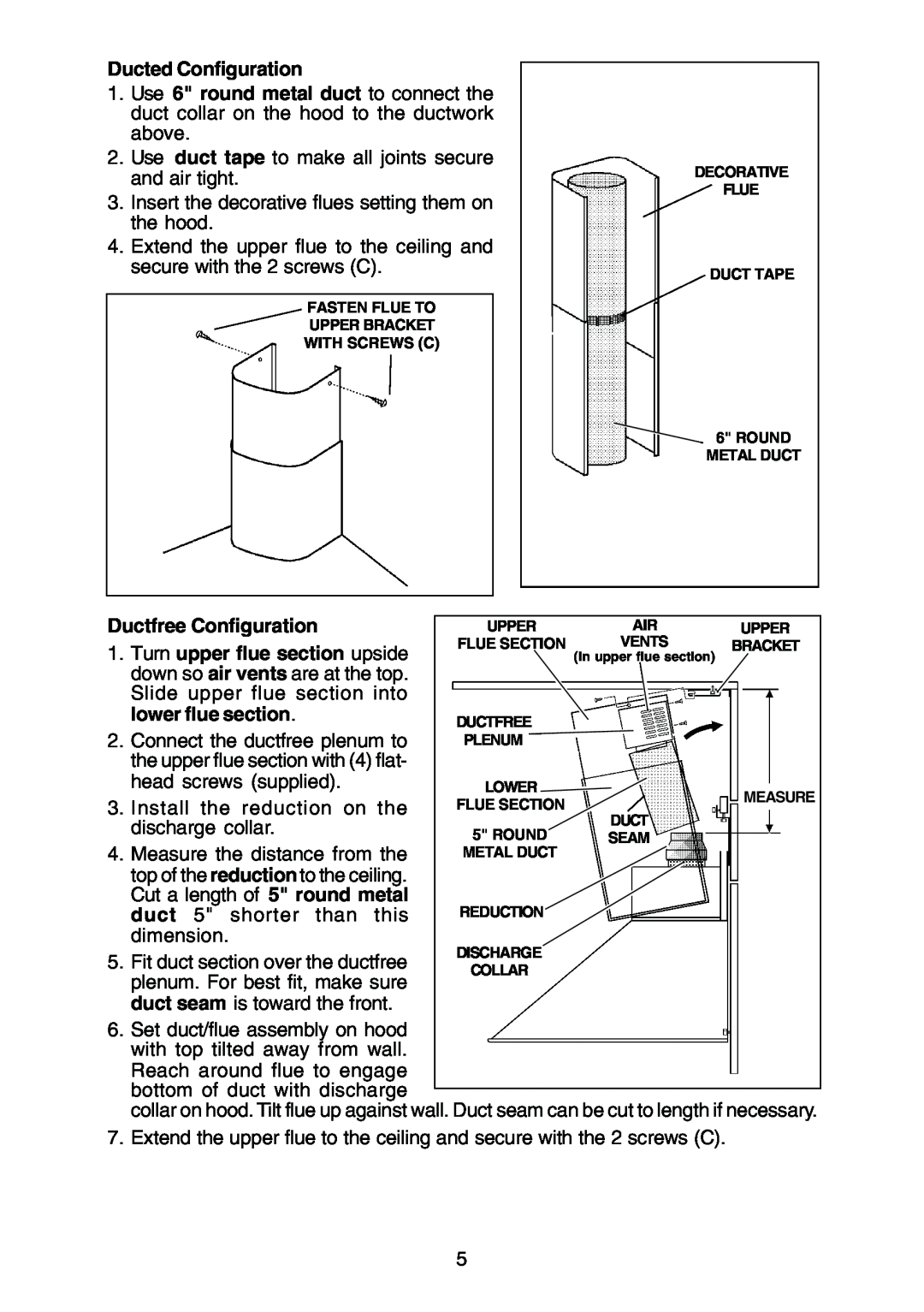 Rangemaster RM50000 Series manual Ducted Configuration, Ductfree Configuration, Turn upper flue section upside 