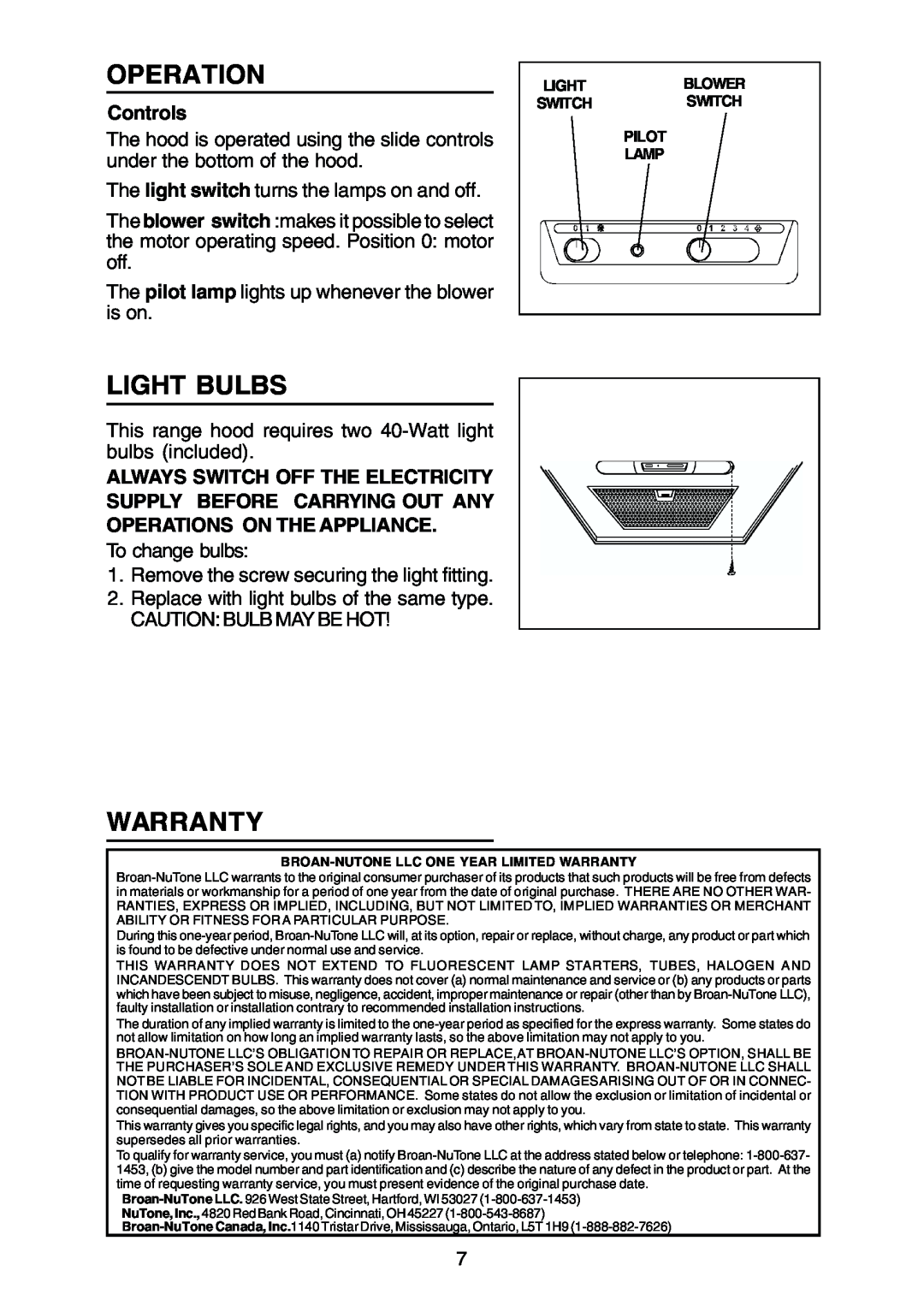 Rangemaster RM50000 Series manual Operation, Light Bulbs, Warranty, Controls, Lightblower Switchswitch Pilot Lamp 