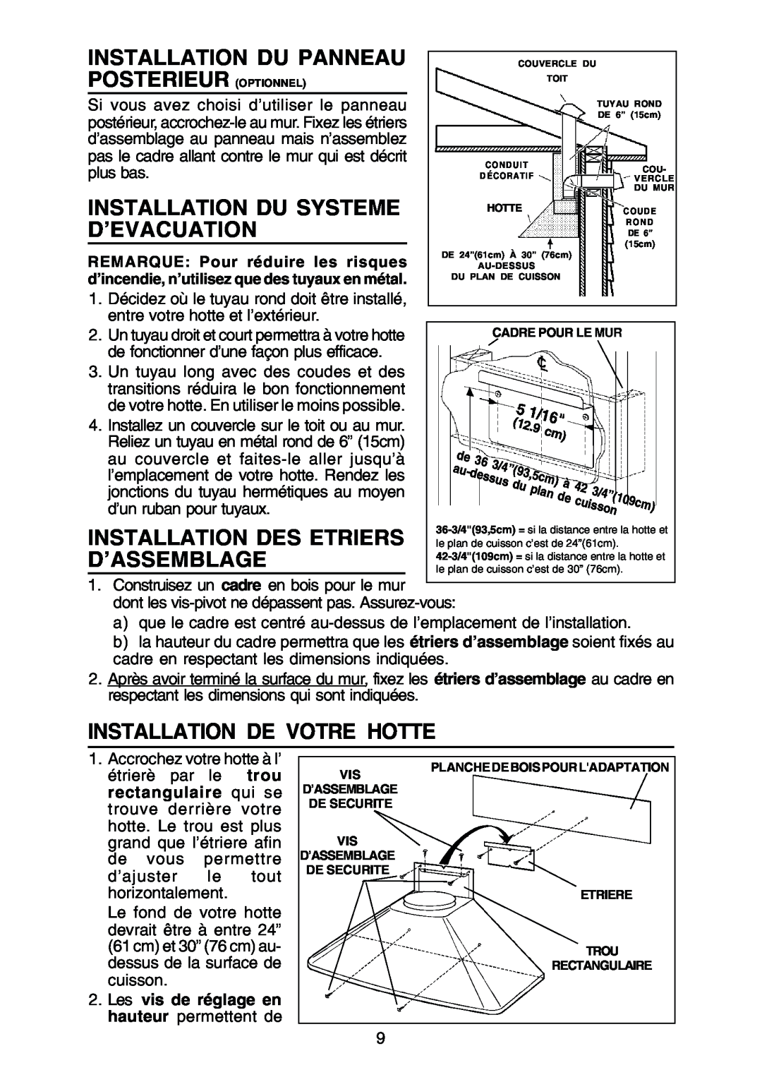 Rangemaster RM50000 Series manual Installation Du Panneau Posterieur Optionnel, Installation Du Systeme D’Evacuation 