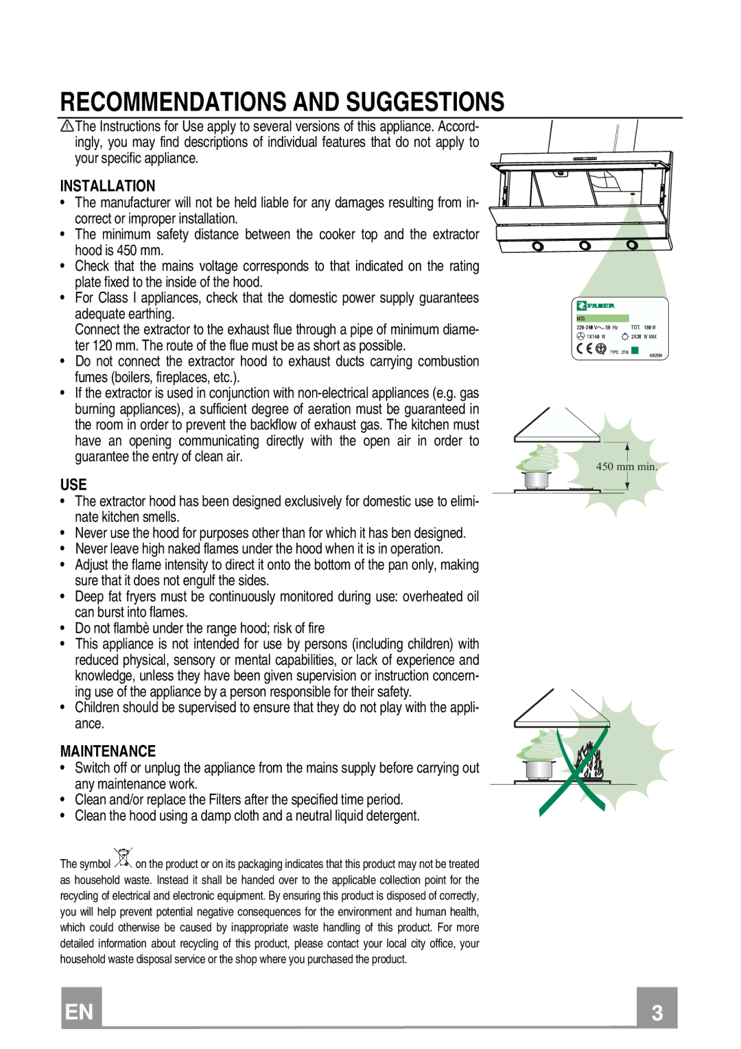 Rangemaster RMG1H60SG, RMG1H90SG manual Recommendations and Suggestions, Installation, Use, Maintenance 