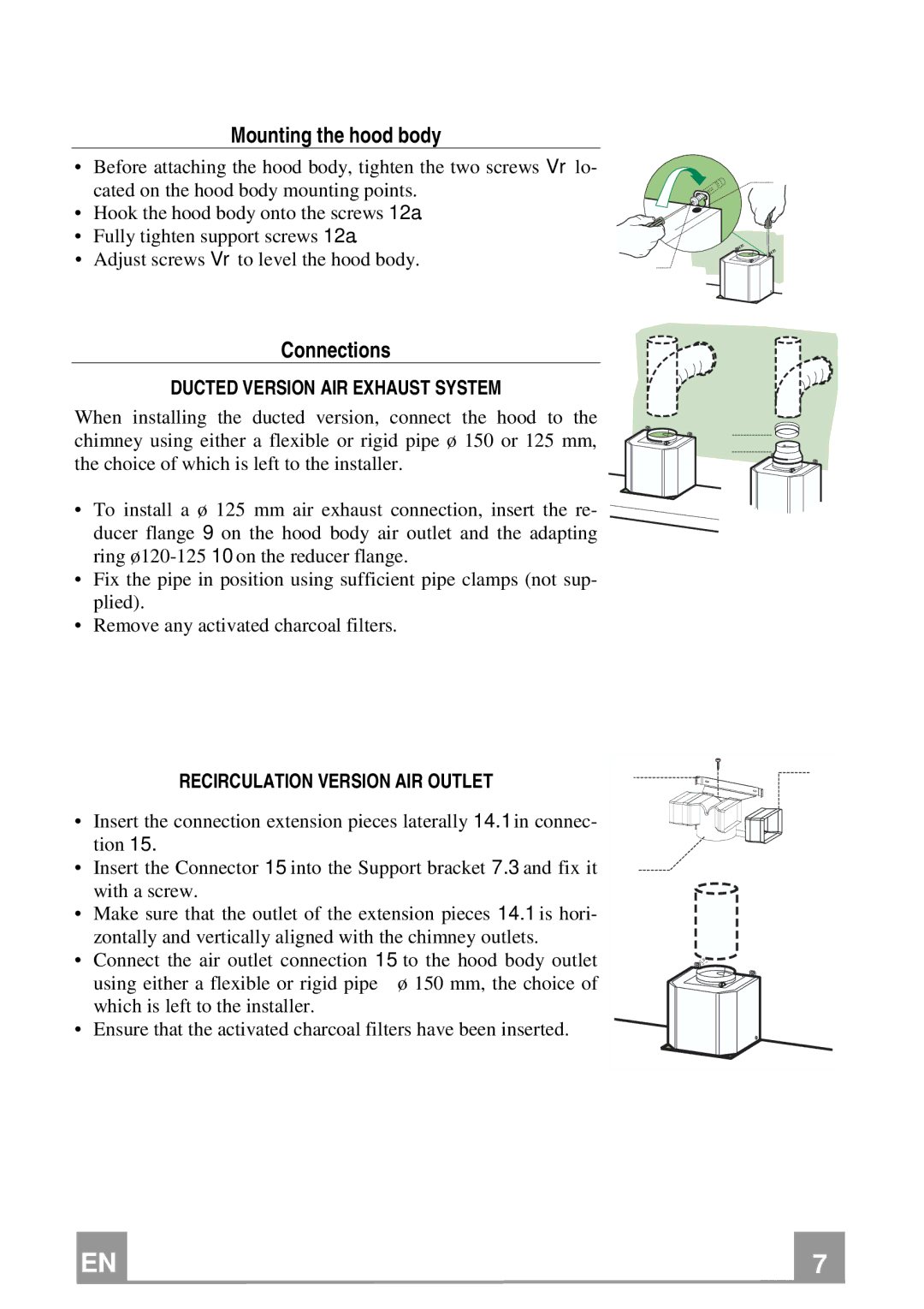 Rangemaster RMG1H60SG, RMG1H90SG manual Mounting the hood body, Connections, Ducted Version AIR Exhaust System 