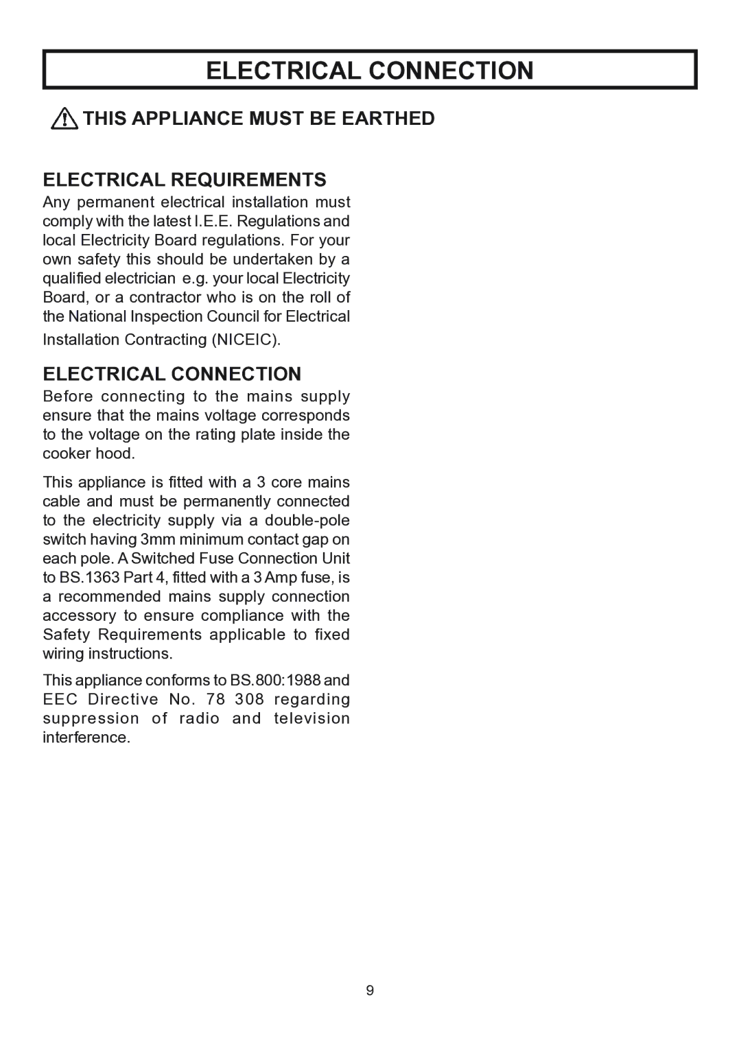 Rangemaster RMHDT90SS, RMHDT110SS Electrical Connection, This Appliance Must be Earthed Electrical Requirements 