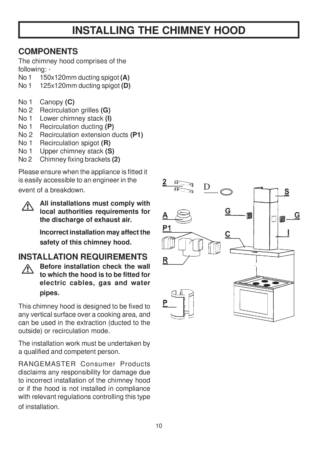 Rangemaster RMHDT110SS, RMHDT90SS installation instructions Installing the Chimney Hood 