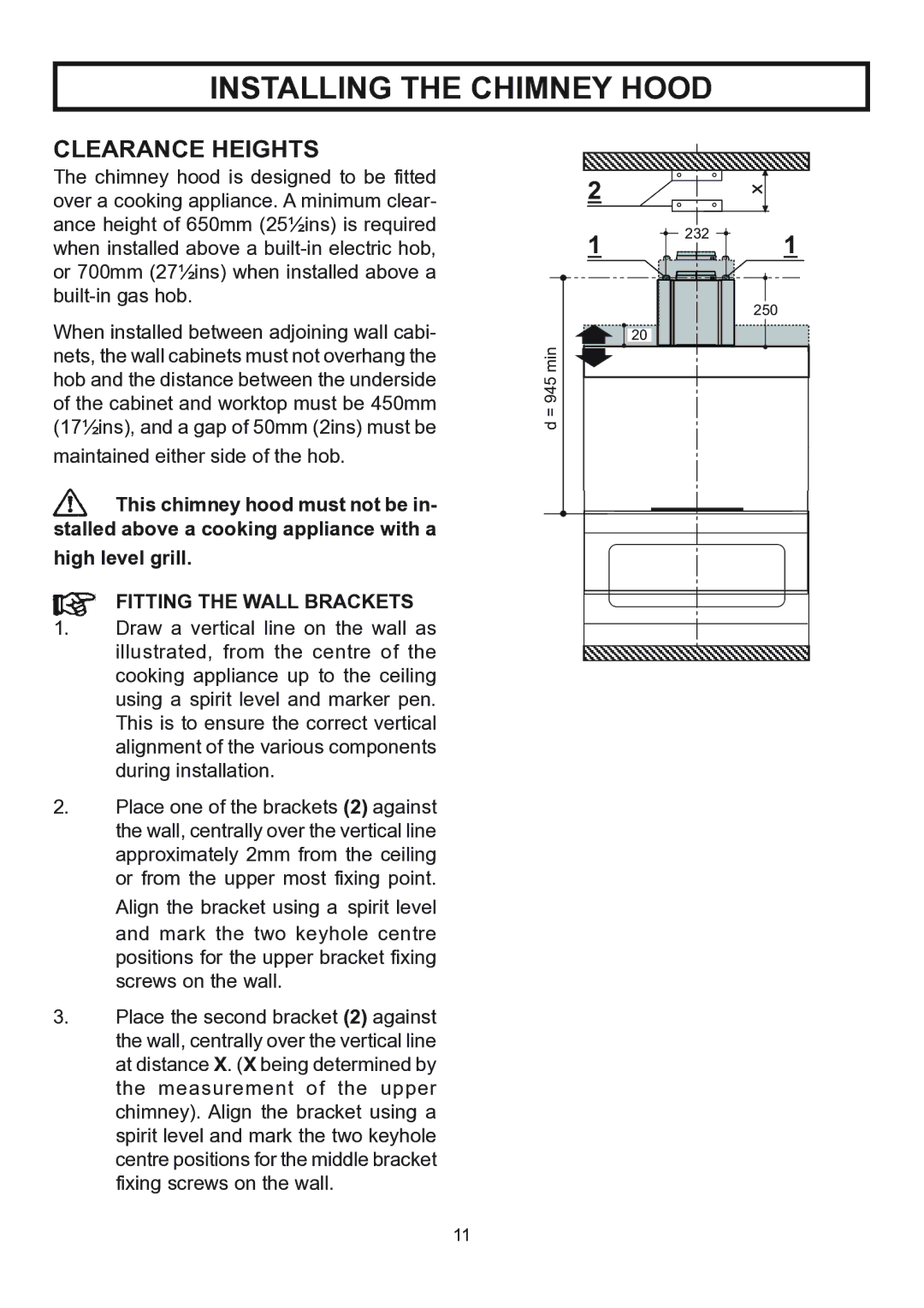 Rangemaster RMHDT90SS, RMHDT110SS installation instructions Installing the Chimney Hood, Clearance Heights 