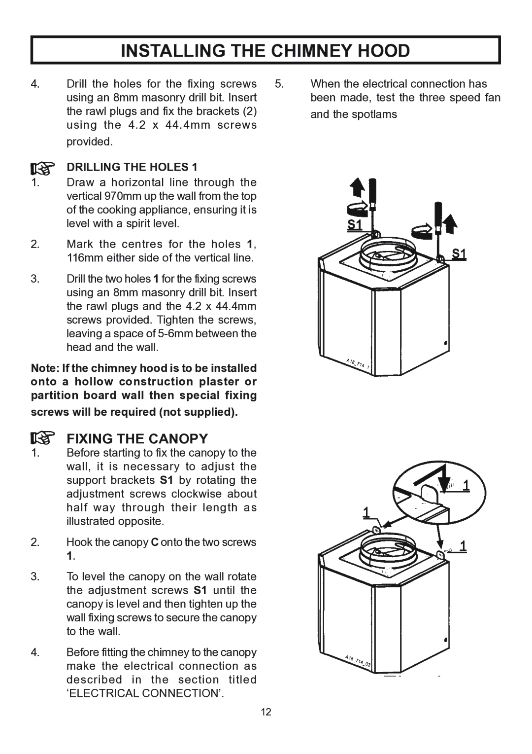 Rangemaster RMHDT110SS, RMHDT90SS installation instructions Fixing the Canopy, Drilling the Holes 