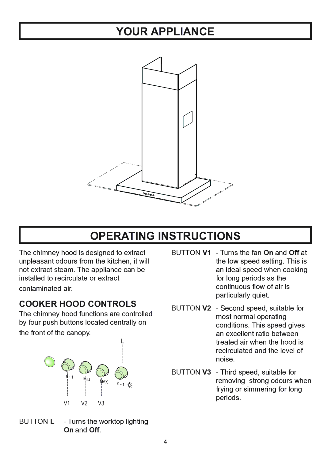 Rangemaster RMHDT110SS, RMHDT90SS installation instructions Your Appliance Operating Instructions, Cooker Hood Controls 