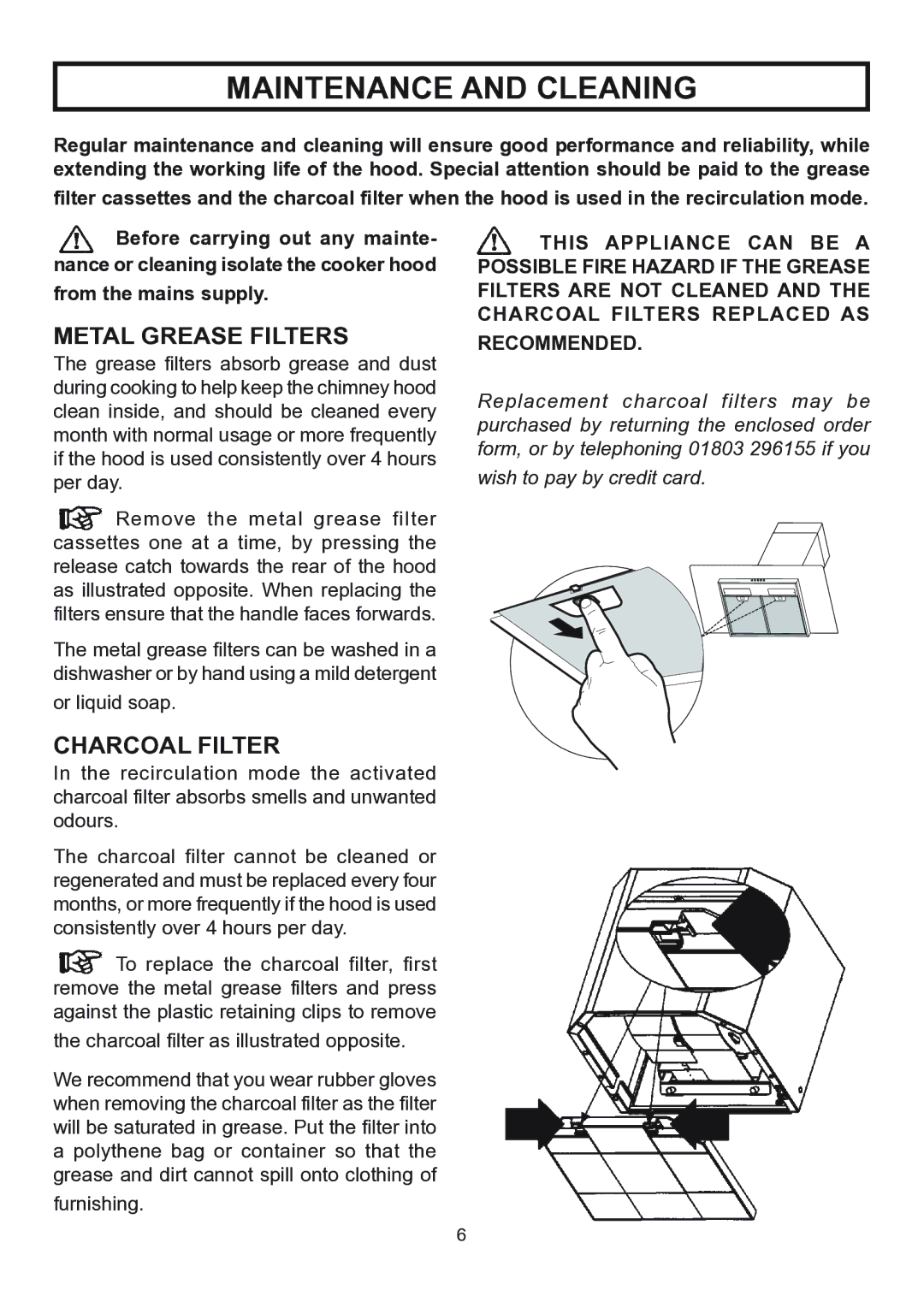 Rangemaster RMHDT110SS, RMHDT90SS installation instructions Maintenance and Cleaning, Metal Grease Filters, Charcoal Filter 