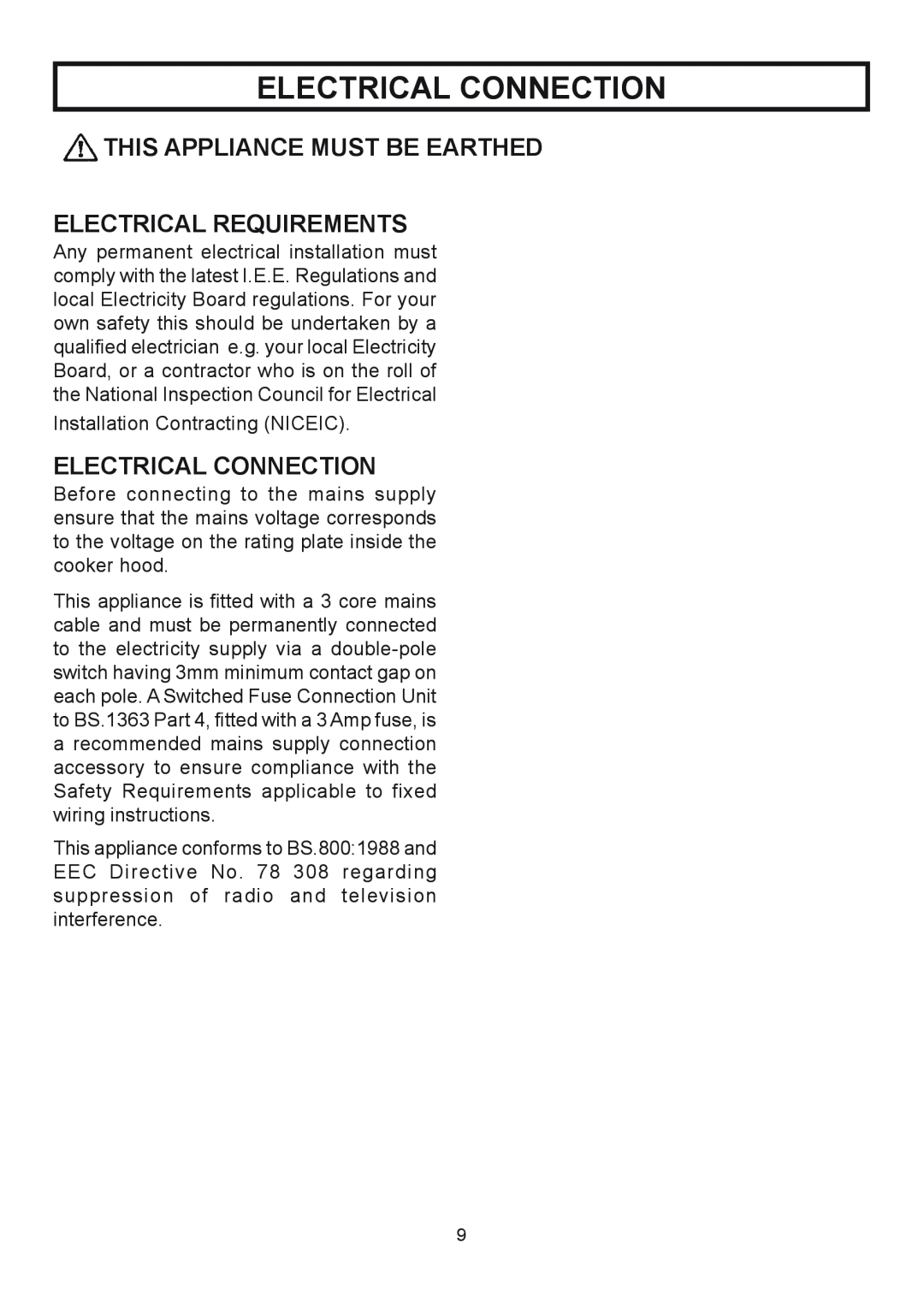 Rangemaster RMHDT90SS, RMHDT110SS Electrical Connection, This Appliance Must Be Earthed Electrical Requirements 