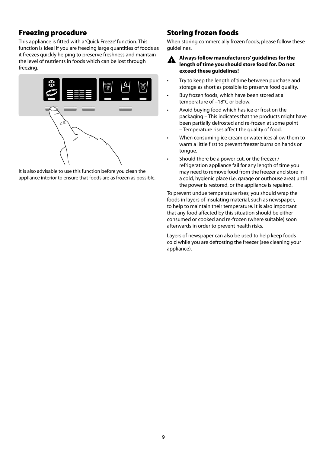 Rangemaster SxS 661 manual Freezing procedure, Storing frozen foods 