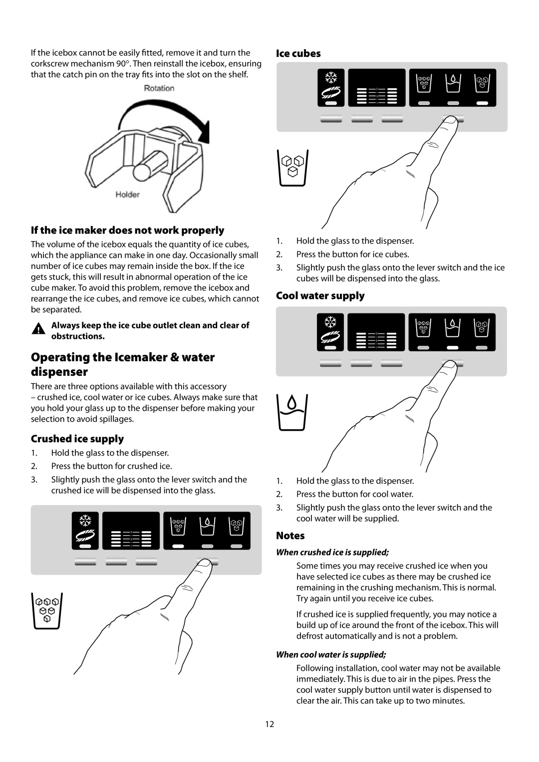 Rangemaster SxS 661 Operating the Icemaker & water dispenser, If the ice maker does not work properly, Crushed ice supply 