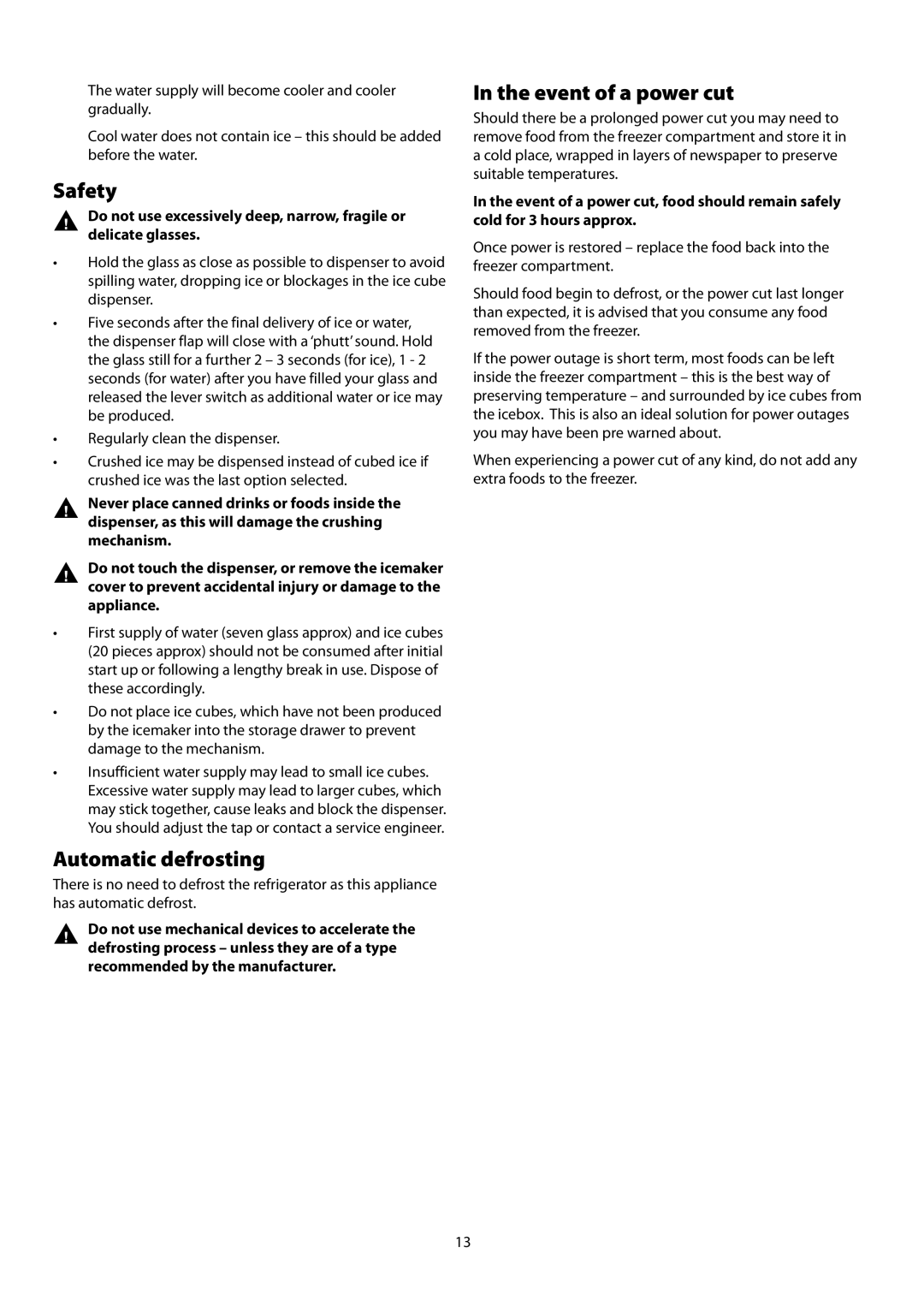 Rangemaster SxS 661 manual Automatic defrosting, Event of a power cut 