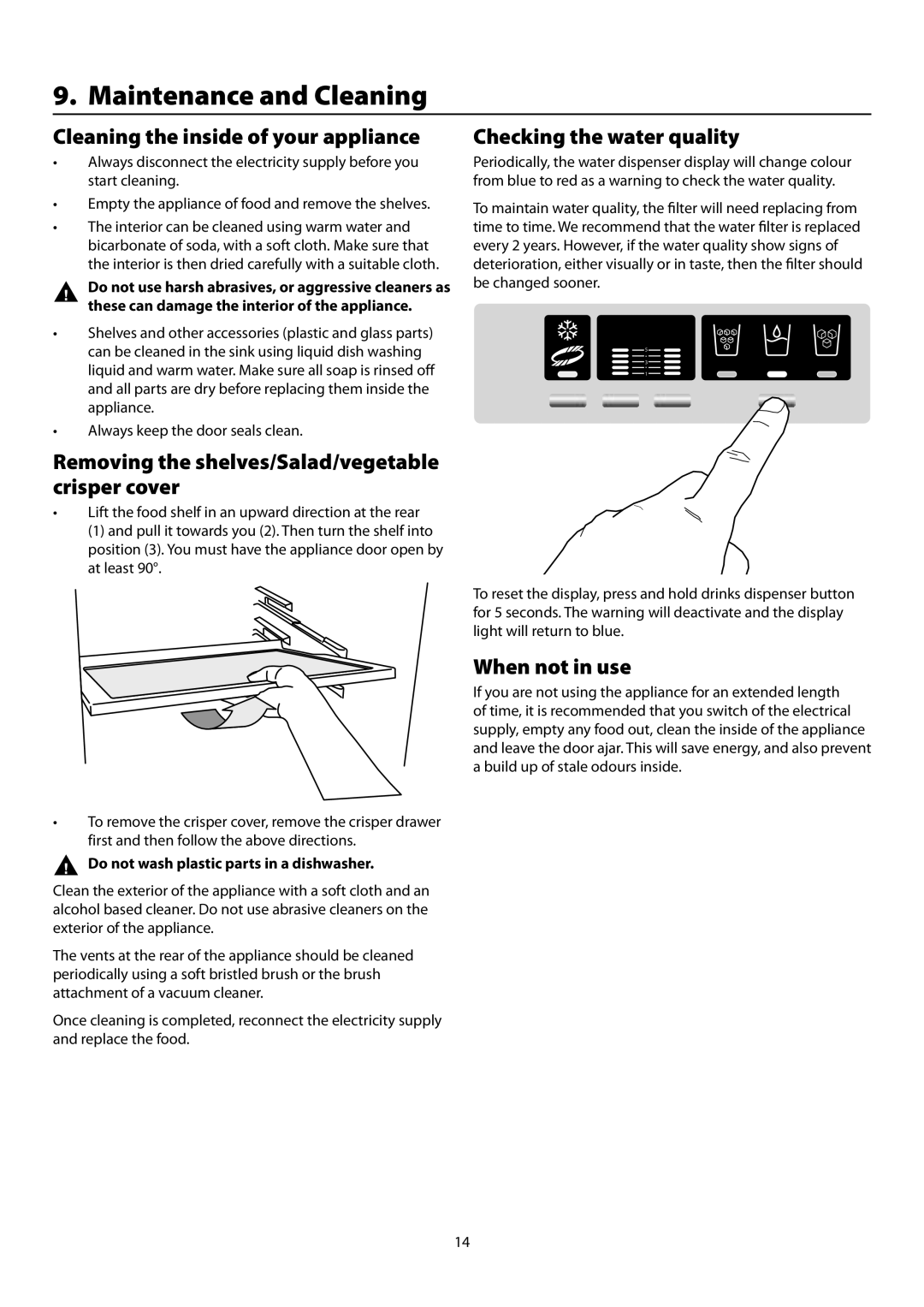 Rangemaster SxS 661 manual Maintenance and Cleaning, Cleaning the inside of your appliance, Checking the water quality 