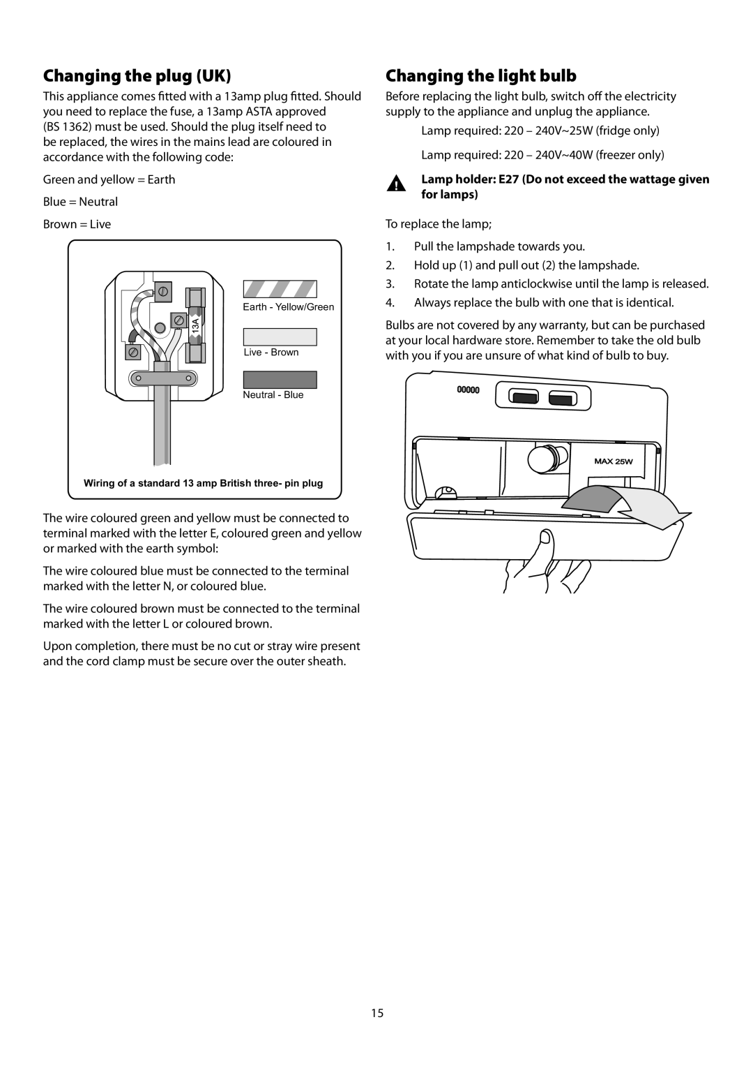 Rangemaster SxS 661 manual Changing the plug UK, Changing the light bulb 