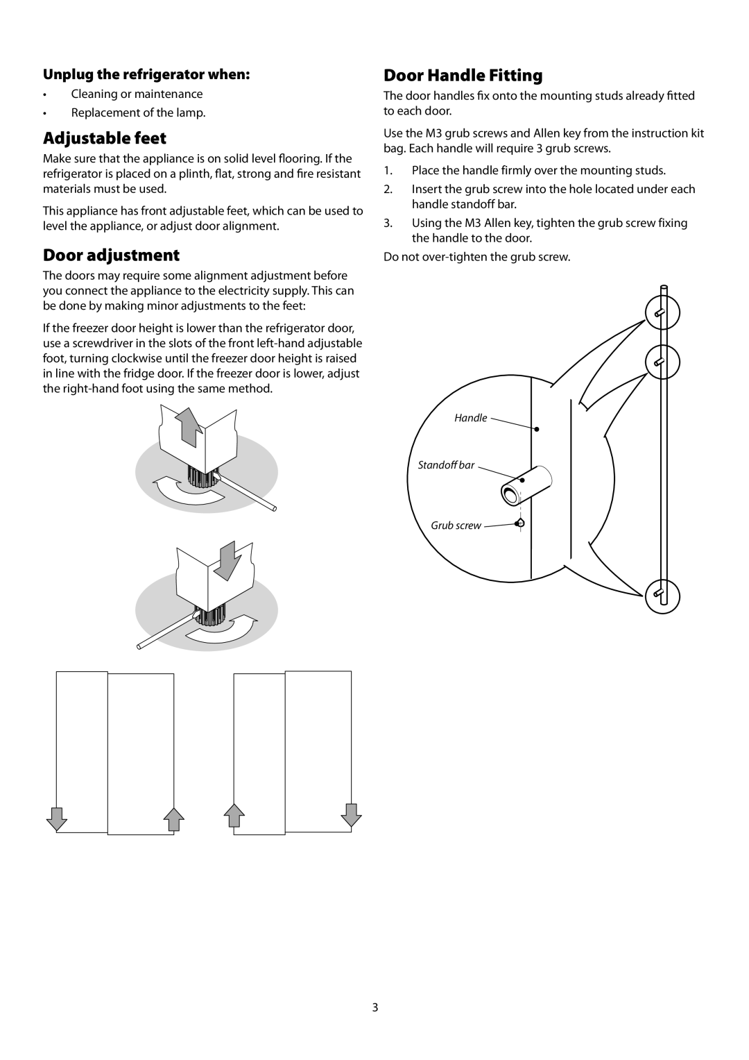 Rangemaster SxS 661 manual Adjustable feet, Door adjustment, Door Handle Fitting, Unplug the refrigerator when 