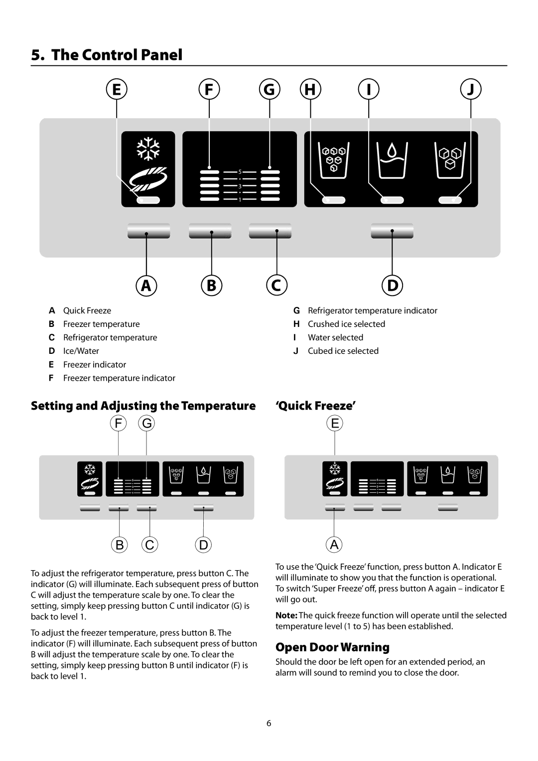 Rangemaster SxS 661 manual Control Panel, Setting and Adjusting the Temperature, Open Door Warning, Quick Freeze 