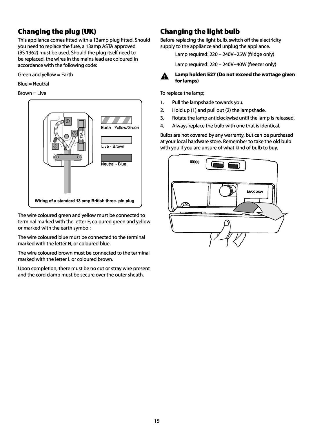 Rangemaster SxS 661 manual Changing the plug UK, Changing the light bulb 