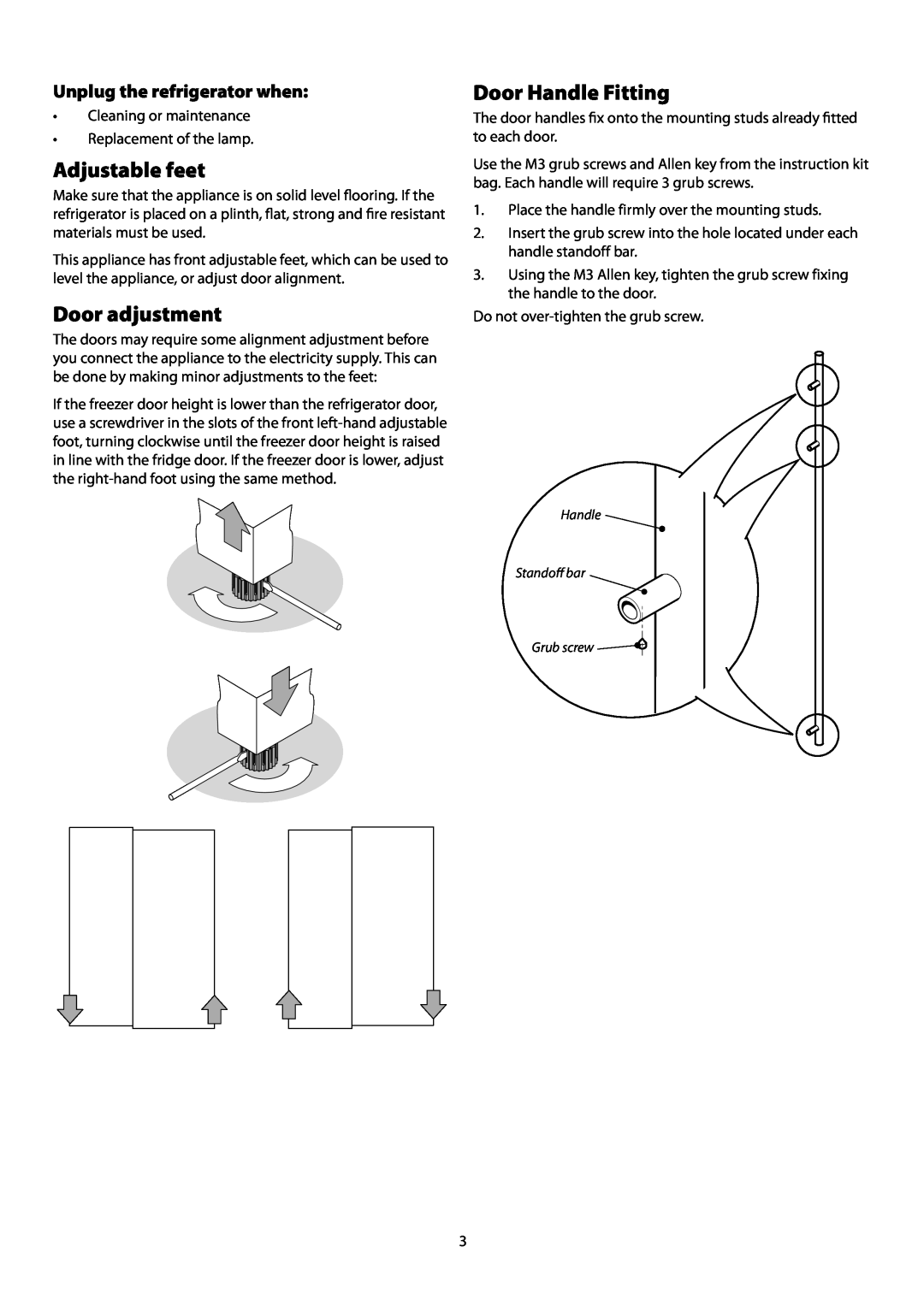 Rangemaster SxS 661 manual Adjustable feet, Door adjustment, Door Handle Fitting, Unplug the refrigerator when 