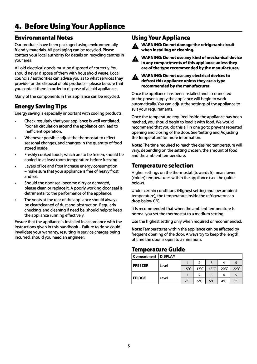 Rangemaster SxS 661 manual Before Using Your Appliance, Environmental Notes, Energy Saving Tips, Temperature selection 