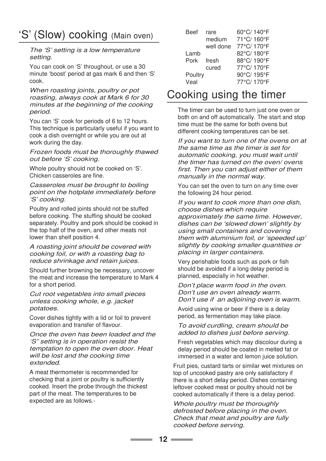 Rangemaster Toledo 90 Gas installation instructions ‘S’ Slow cookingMain oven, Cooking using the timer 