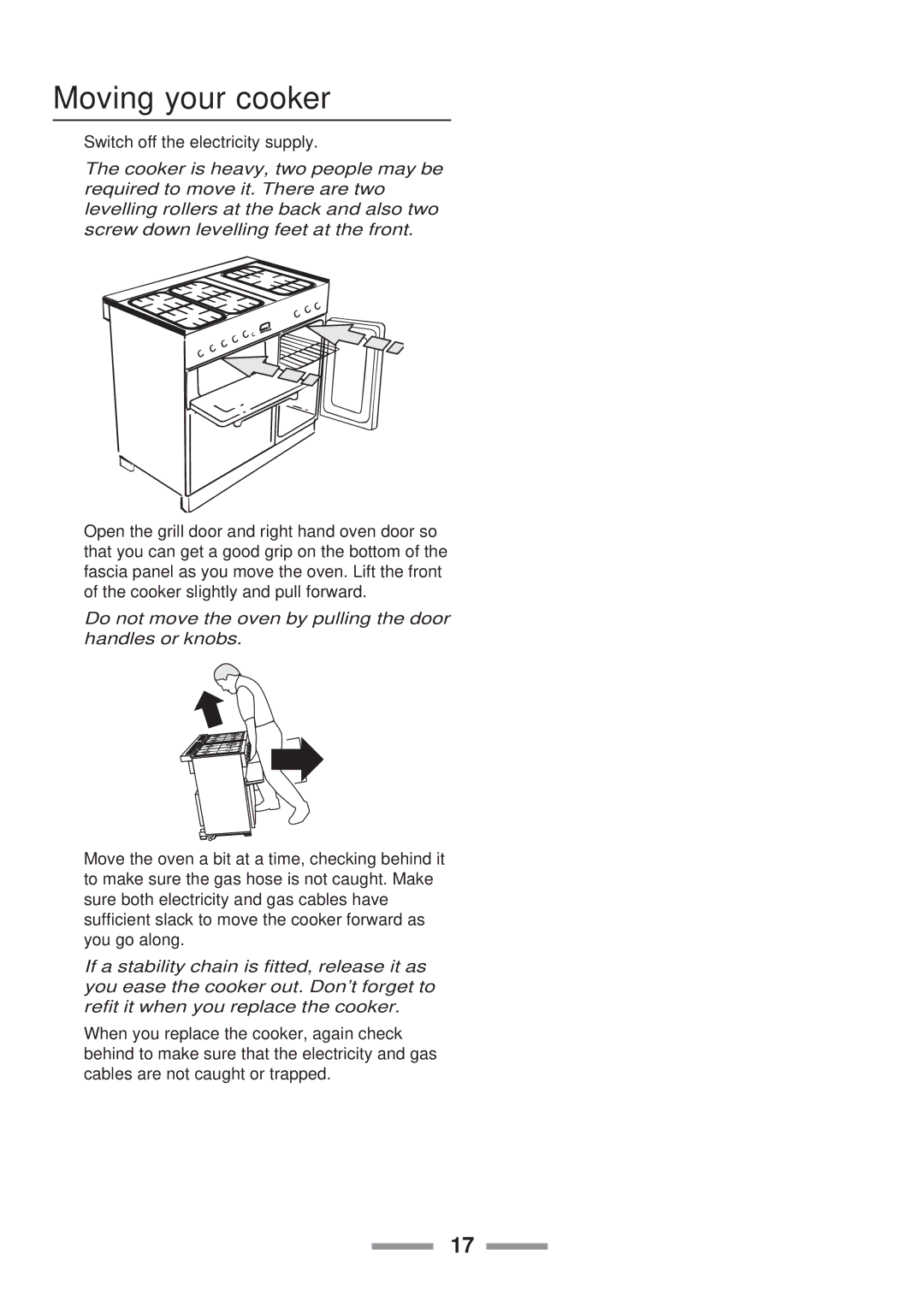 Rangemaster Toledo 90 Gas Moving your cooker, Do not move the oven by pulling the door handles or knobs 