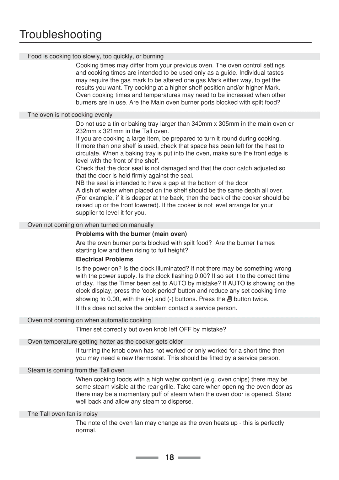 Rangemaster Toledo 90 Gas installation instructions Troubleshooting, Problems with the burner main oven 