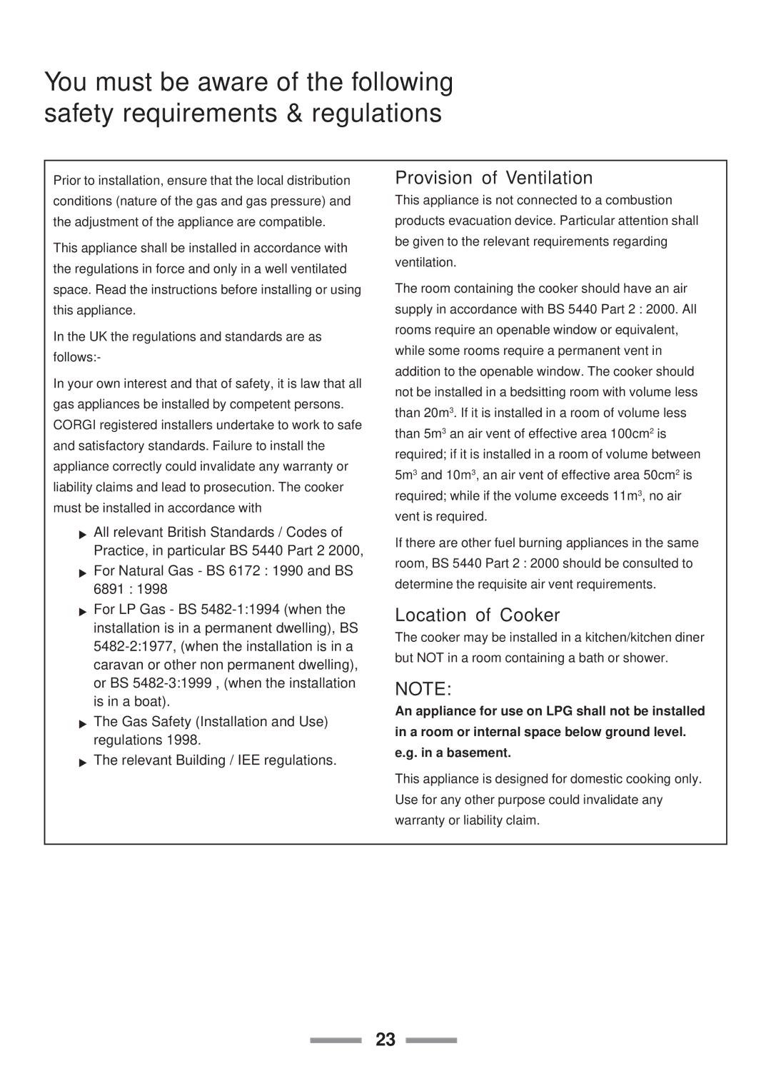 Rangemaster Toledo 90 Gas installation instructions Provision of Ventilation, Location of Cooker 