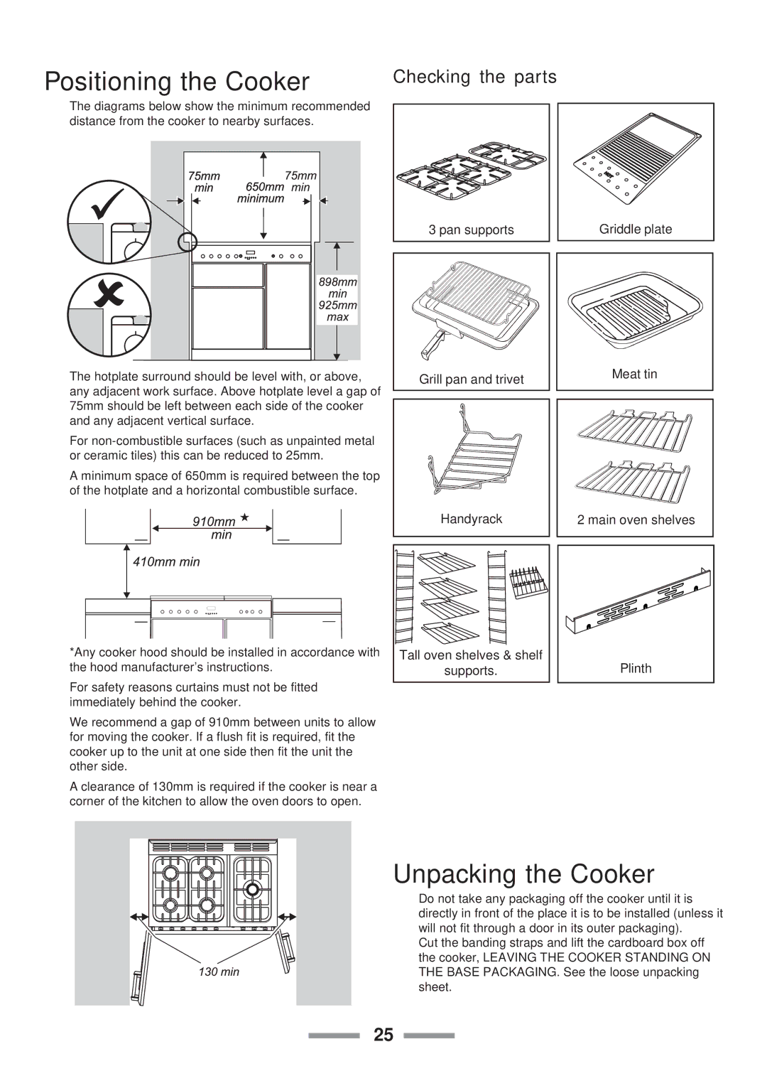 Rangemaster Toledo 90 Gas installation instructions Positioning the Cooker, Unpacking the Cooker, Checking the parts 