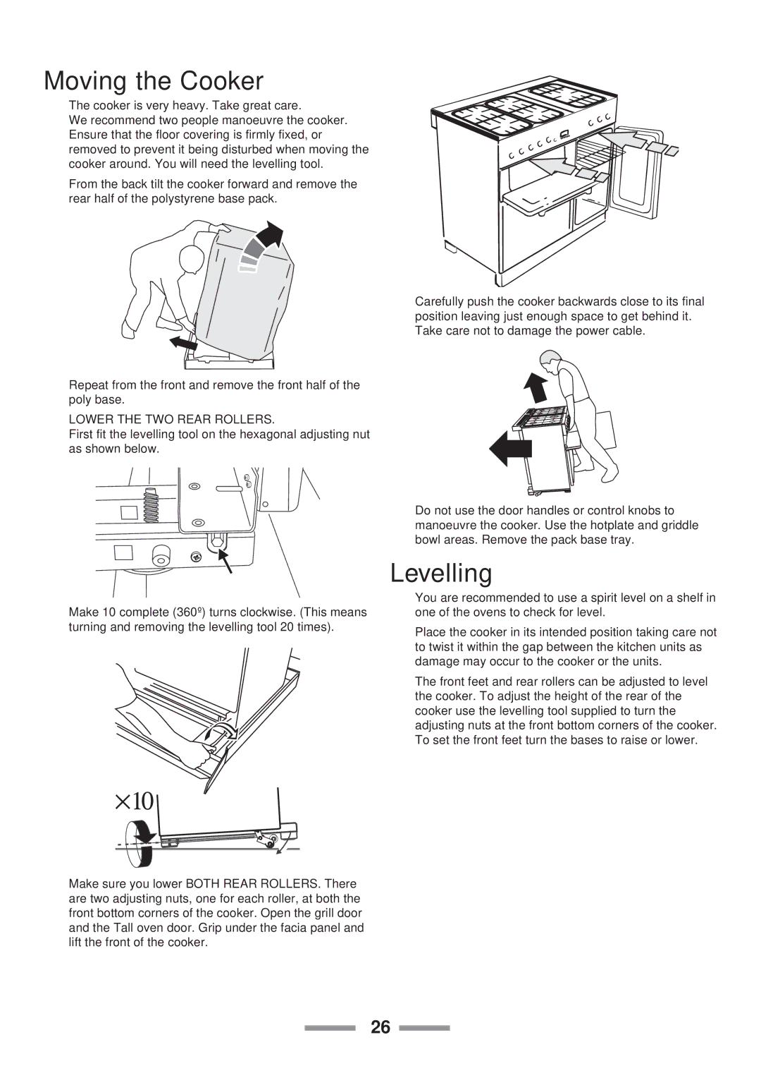 Rangemaster Toledo 90 Gas installation instructions Moving the Cooker, Levelling 