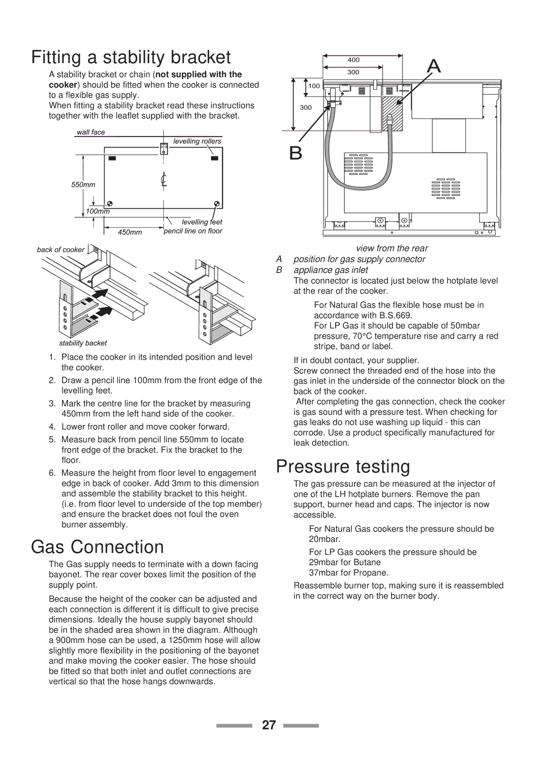 Rangemaster Toledo 90 Gas installation instructions Fitting a stability bracket, Gas Connection, Pressure testing 