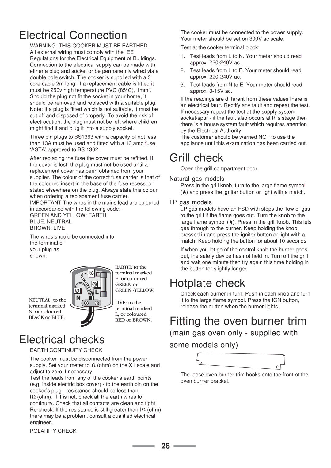 Rangemaster Toledo 90 Gas installation instructions Electrical Connection, Electrical checks, Grill check, Hotplate check 