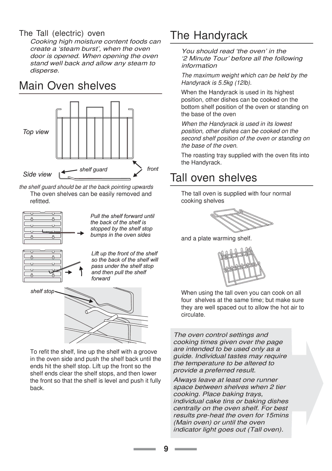 Rangemaster Toledo 90 Gas installation instructions Main Oven shelves, Handyrack, Tall oven shelves, Tall electric oven 