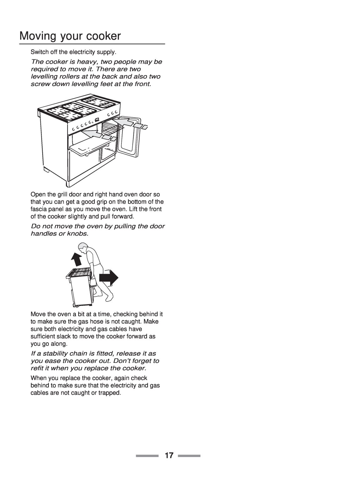 Rangemaster Toledo 90 Gas installation instructions Moving your cooker 