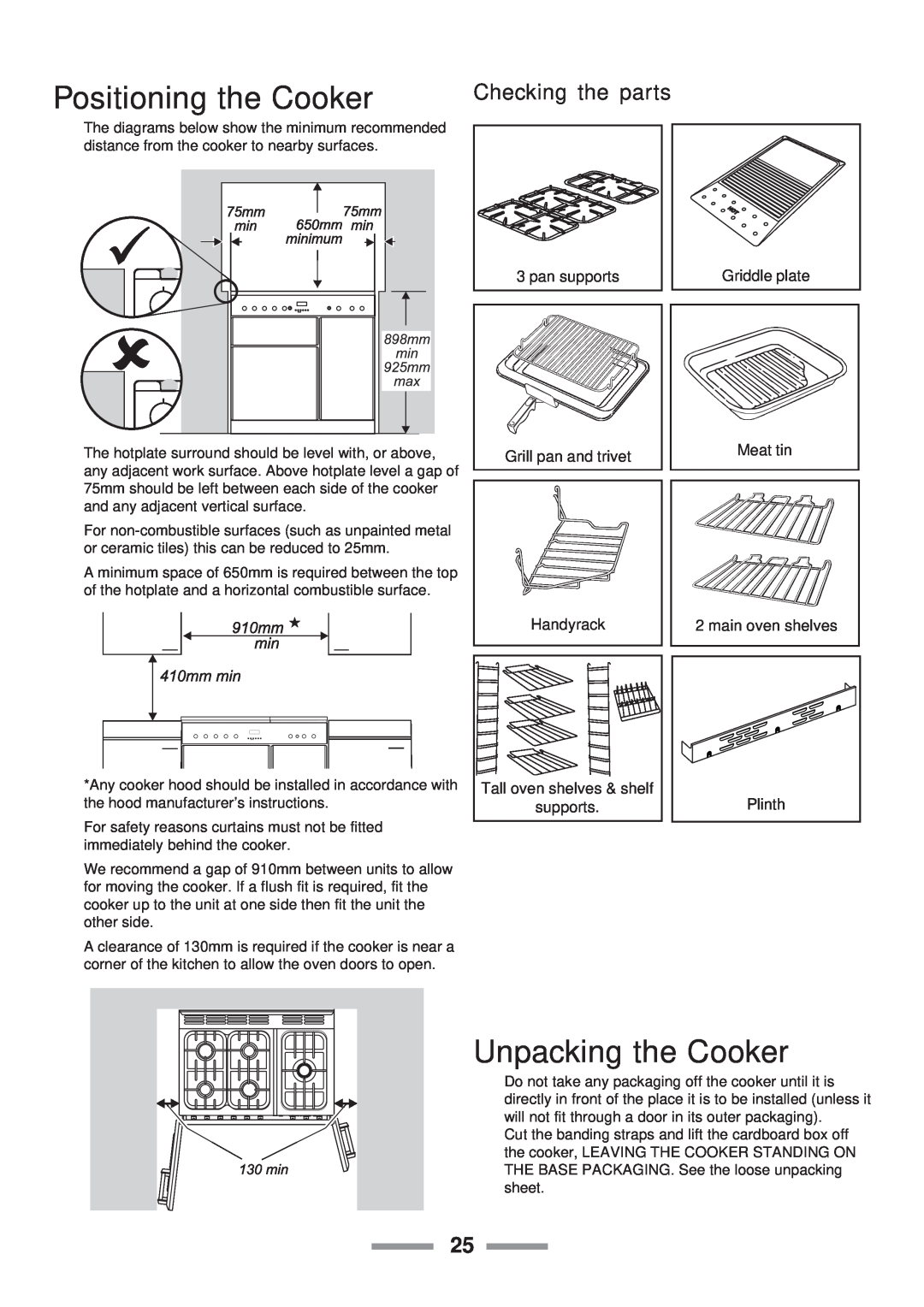 Rangemaster Toledo 90 Gas installation instructions Positioning the Cooker, Unpacking the Cooker, Checking the parts 