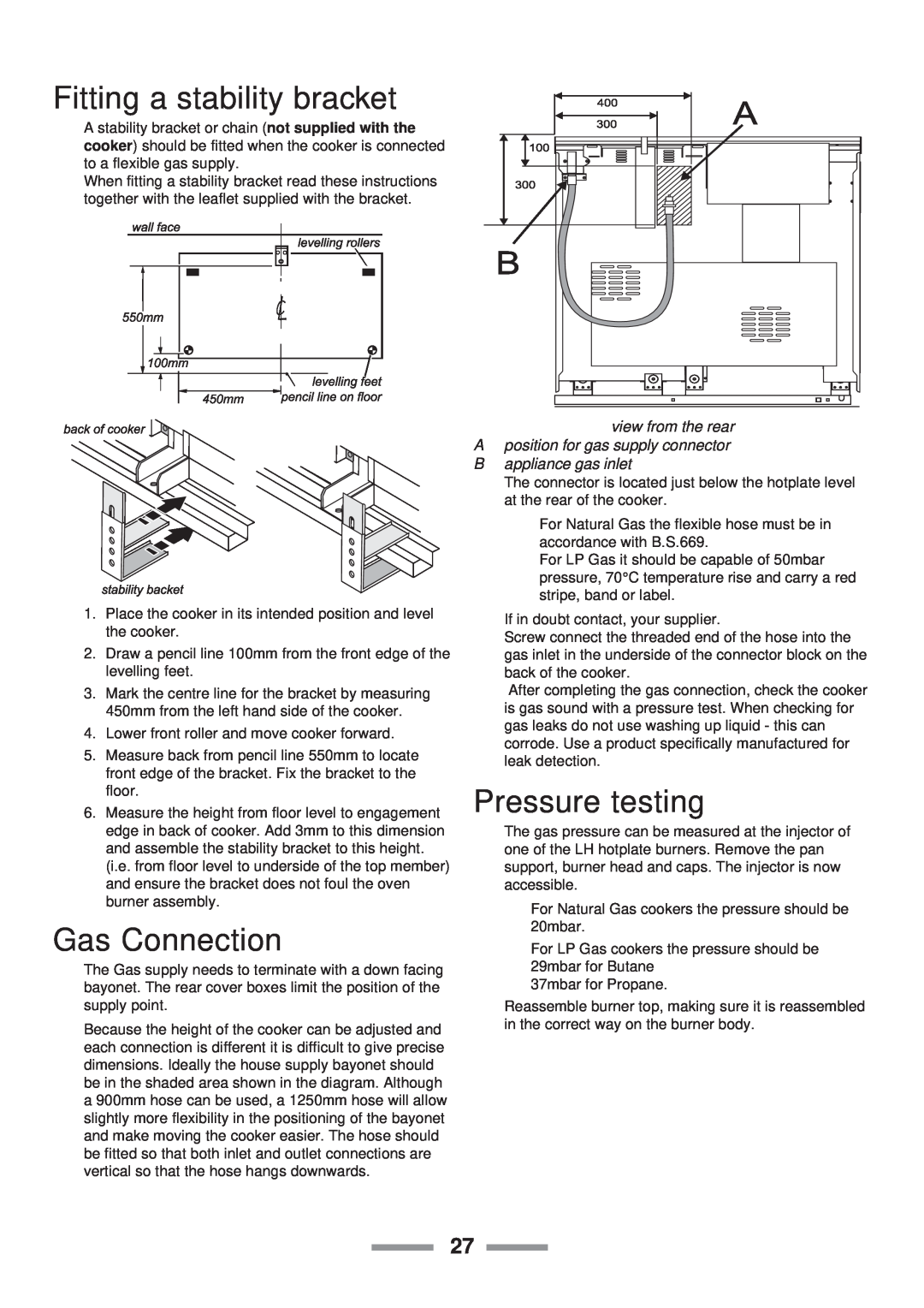 Rangemaster Toledo 90 Gas Fitting a stability bracket, Gas Connection, Pressure testing, B appliance gas inlet 