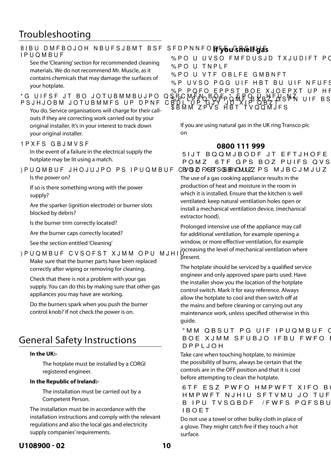 Rangemaster Toledo FS Hob manual Troubleshooting, General Safety Instructions, If you smell gas, 0800 111 