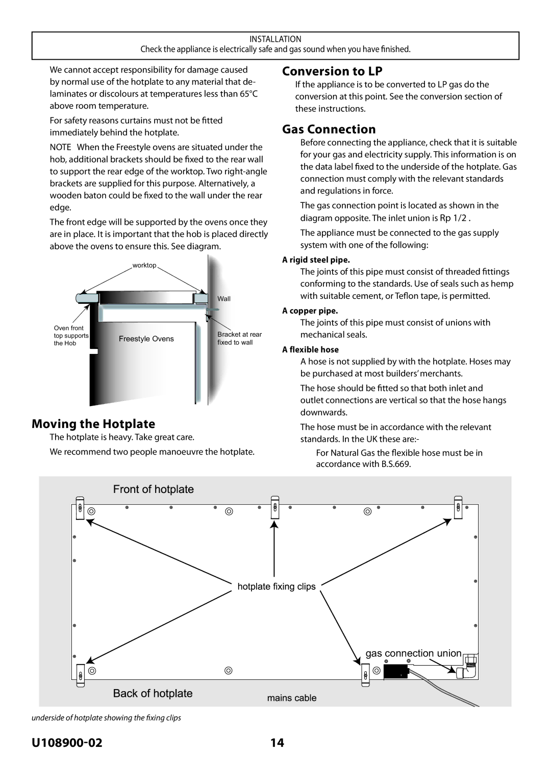 Rangemaster Toledo FS Hob manual Moving the Hotplate, Conversion to LP, Gas Connection 