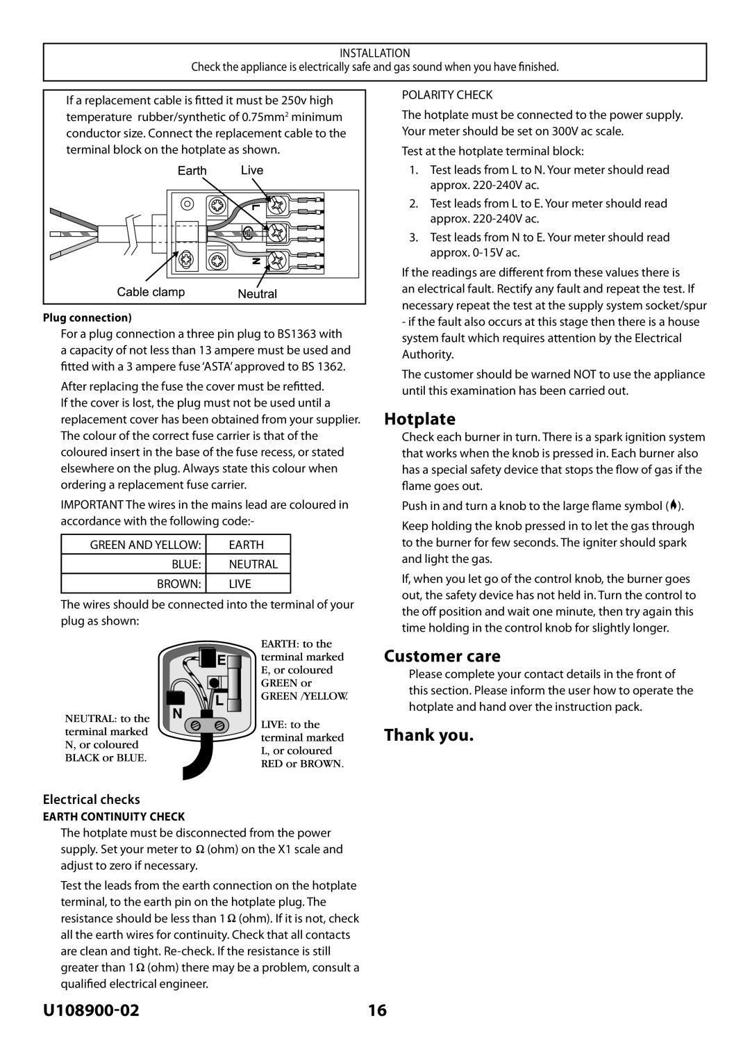 Rangemaster Toledo FS Hob manual Customer care, Thank you, Electrical checks 