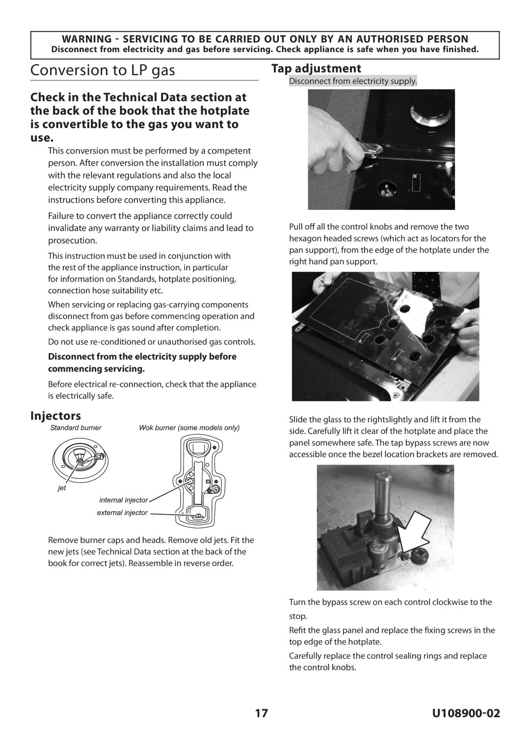 Rangemaster Toledo FS Hob manual Conversion to LP gas, Injectors, Tap adjustment 