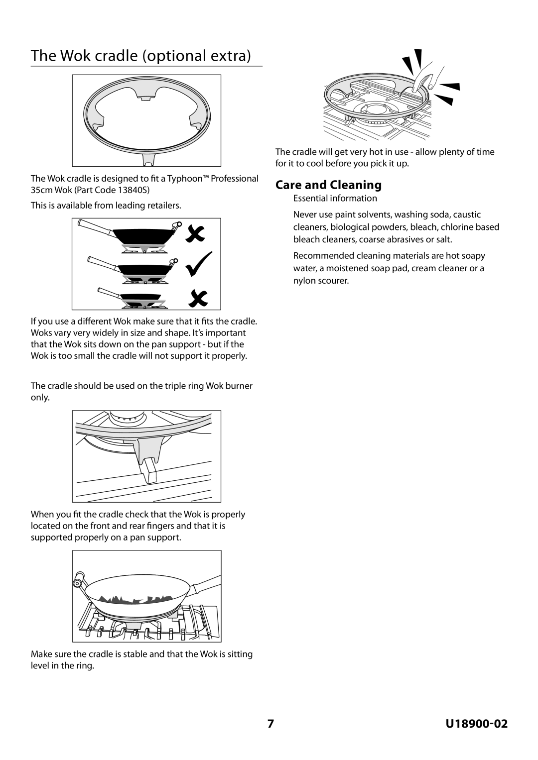 Rangemaster Toledo FS Hob manual Wok cradle optional extra, Care and Cleaning 