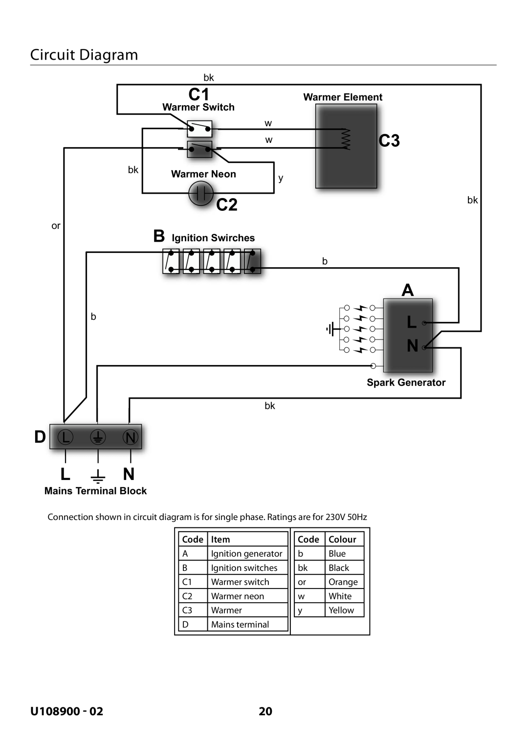 Rangemaster Toledo FS Hob Circuit Diagram, A L N, D L N, U108900, Warmer Element, Warmer Switch, Warmer Neon, Code, Colour 