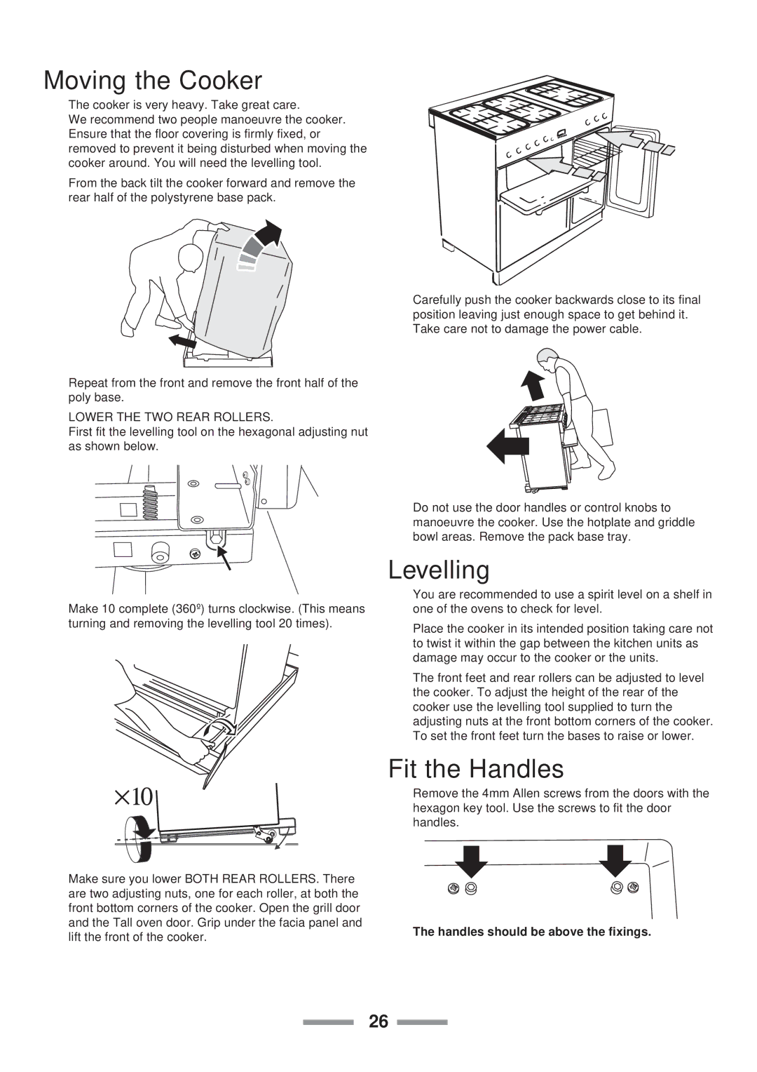 Rangemaster U1 215 02 installation instructions Moving the Cooker, Levelling, Fit the Handles 