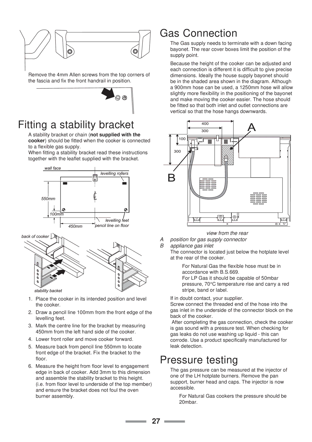 Rangemaster U1 215 02 installation instructions Gas Connection, Fitting a stability bracket, Pressure testing 