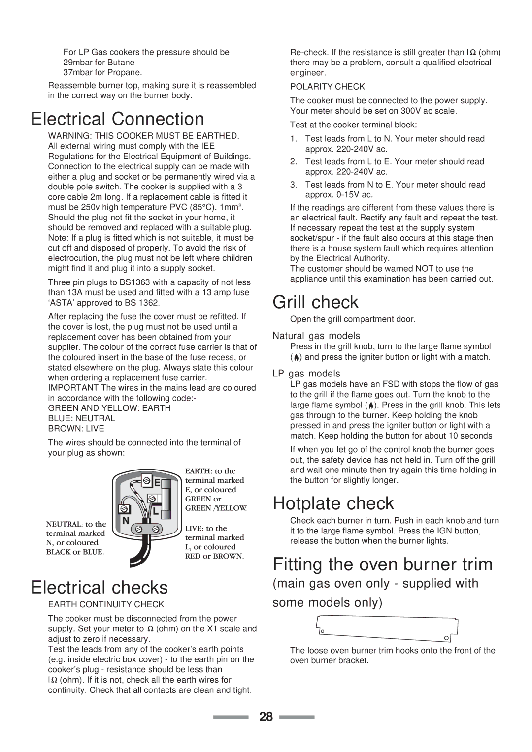 Rangemaster U1 215 02 Electrical Connection, Electrical checks, Grill check, Hotplate check, Fitting the oven burner trim 