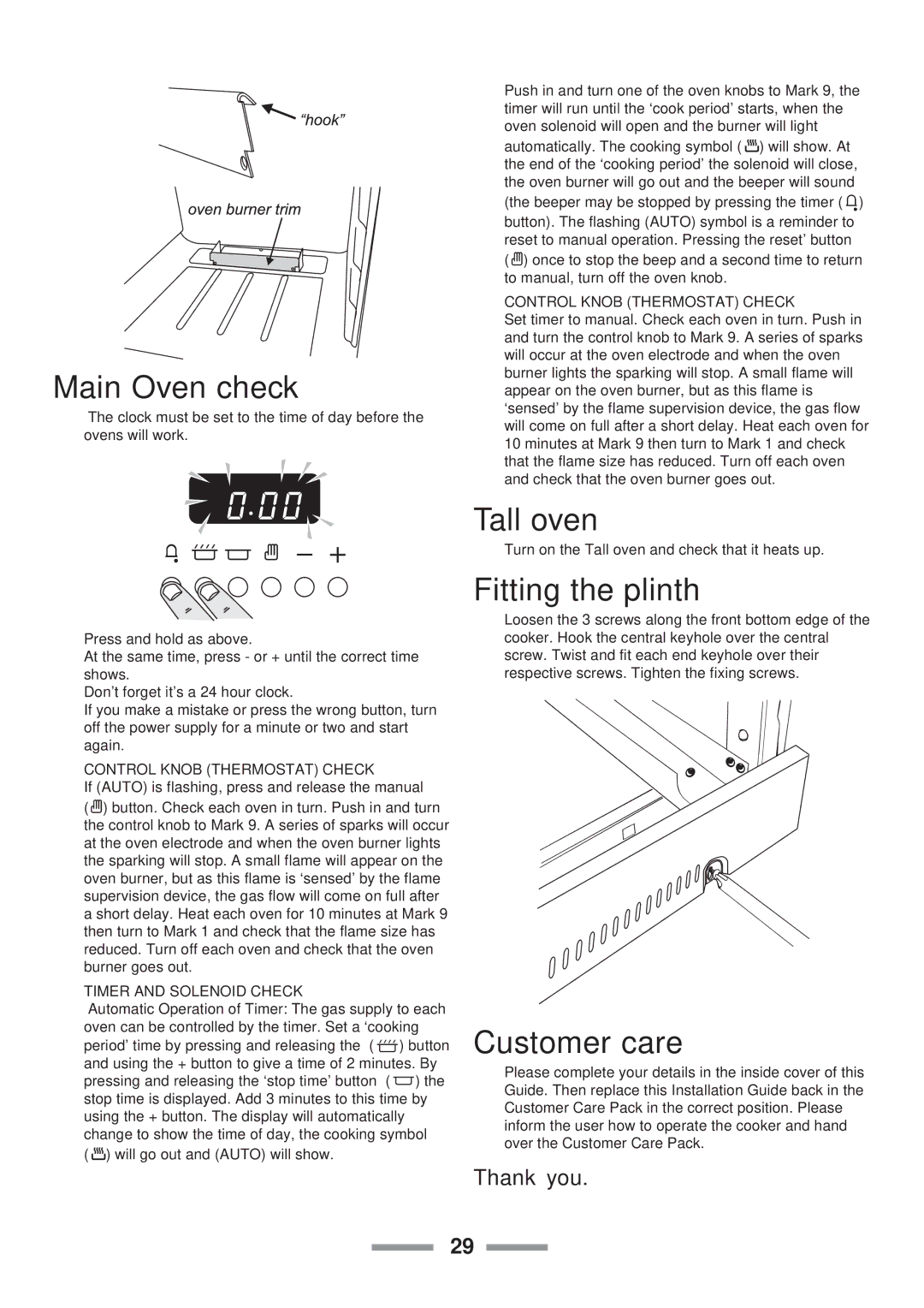 Rangemaster U1 215 02 installation instructions Main Oven check, Tall oven, Fitting the plinth, Customer care, Thank you 