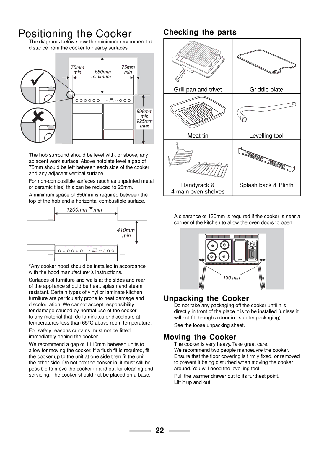 Rangemaster U102210-04 manual Positioning the Cooker, Checking the parts, Unpacking the Cooker, Moving the Cooker 